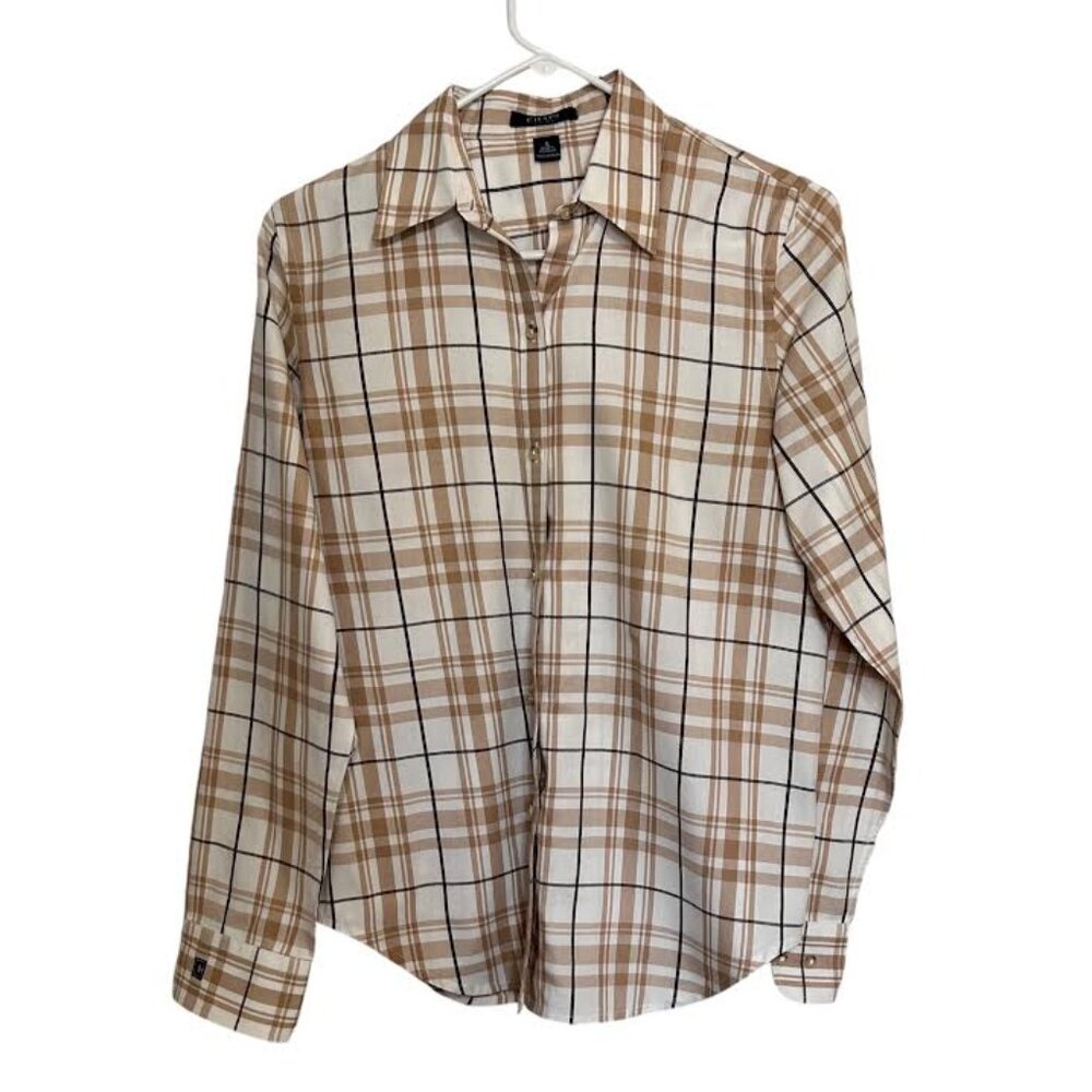 CHAPS Men's Long Sleeve, Button Up Flannel, Tan/Off White, Size S